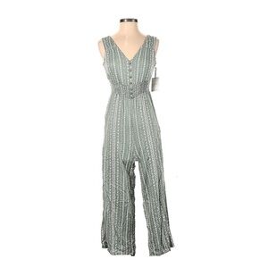 Light Green & White Floral Striped Jumpsuit with Pockets